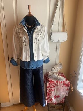 White Studded crop Jean Jacket chains